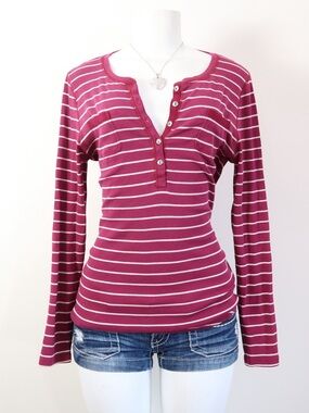 Chaps Berry and White Striped Long-Sleeve Henley